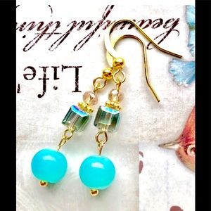 Blue Jade with Citrine Gold and AB Rose Green Colorized Crystal Cube Earrings
